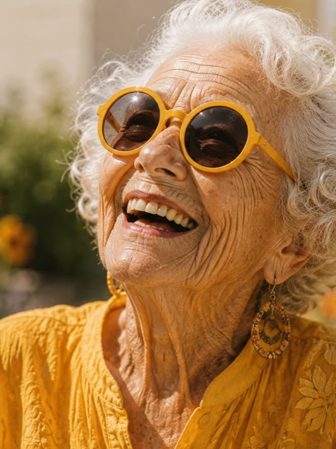 A senior woman laughs in the sun, round yellow glasses and a golden blouse