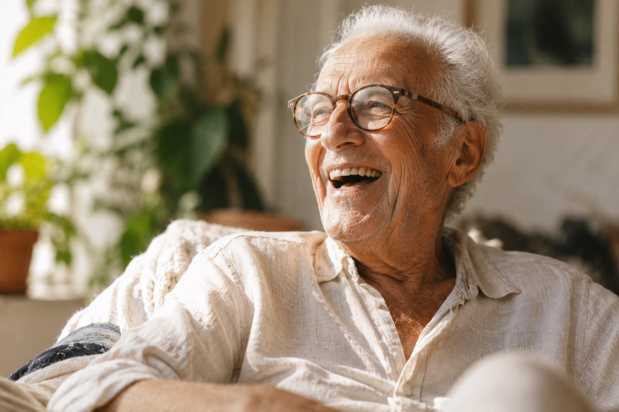 A senior man bursts out laughing in his living room
