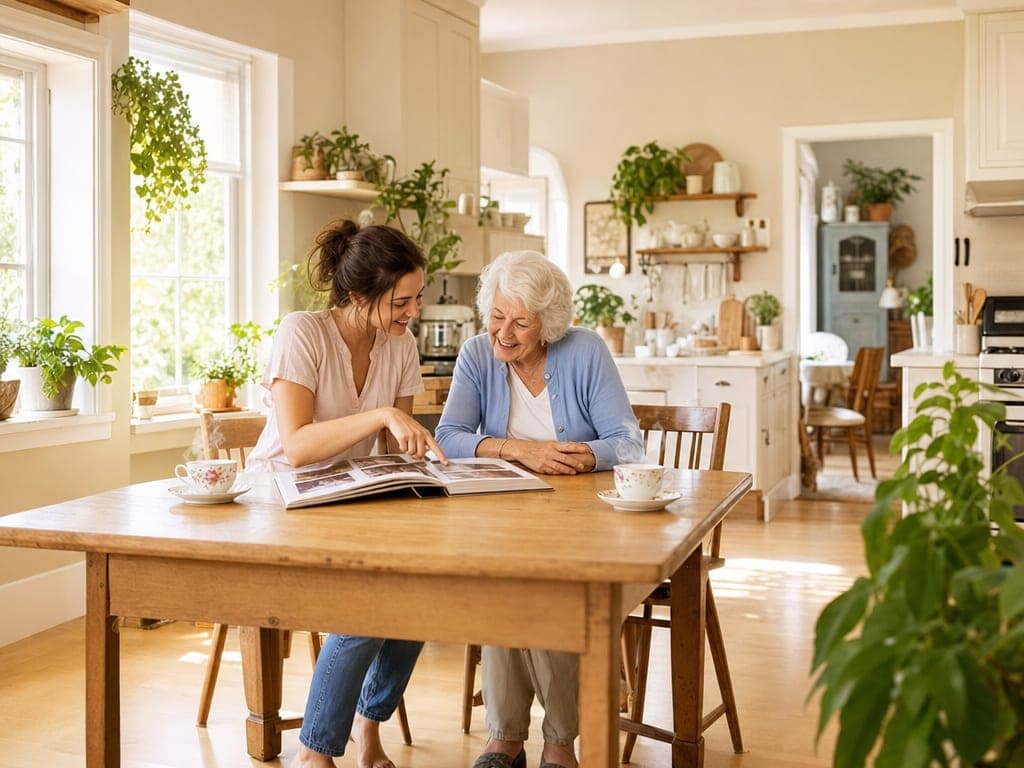 Looking at a photo album together — kitchen, with the person being helped present